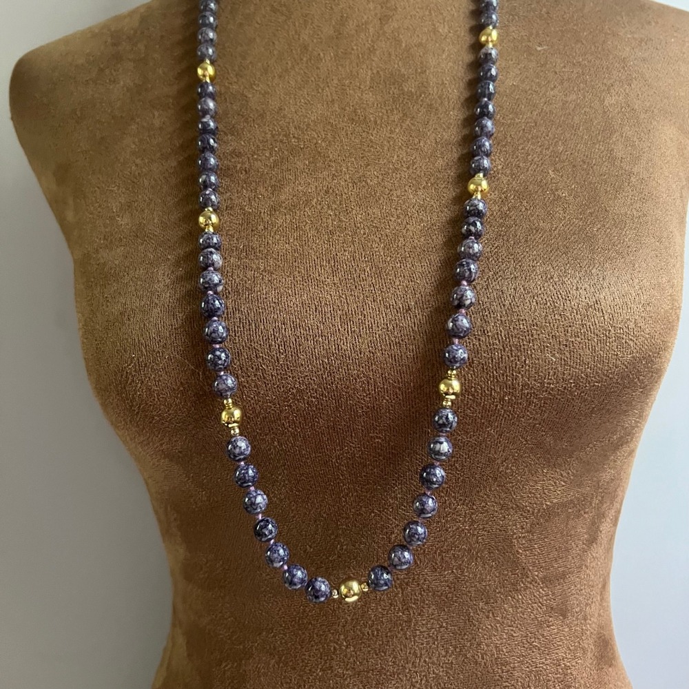 Vintage Purple Speckled Glass Bead 33 Inch Continuous Long Necklace Cottagecore